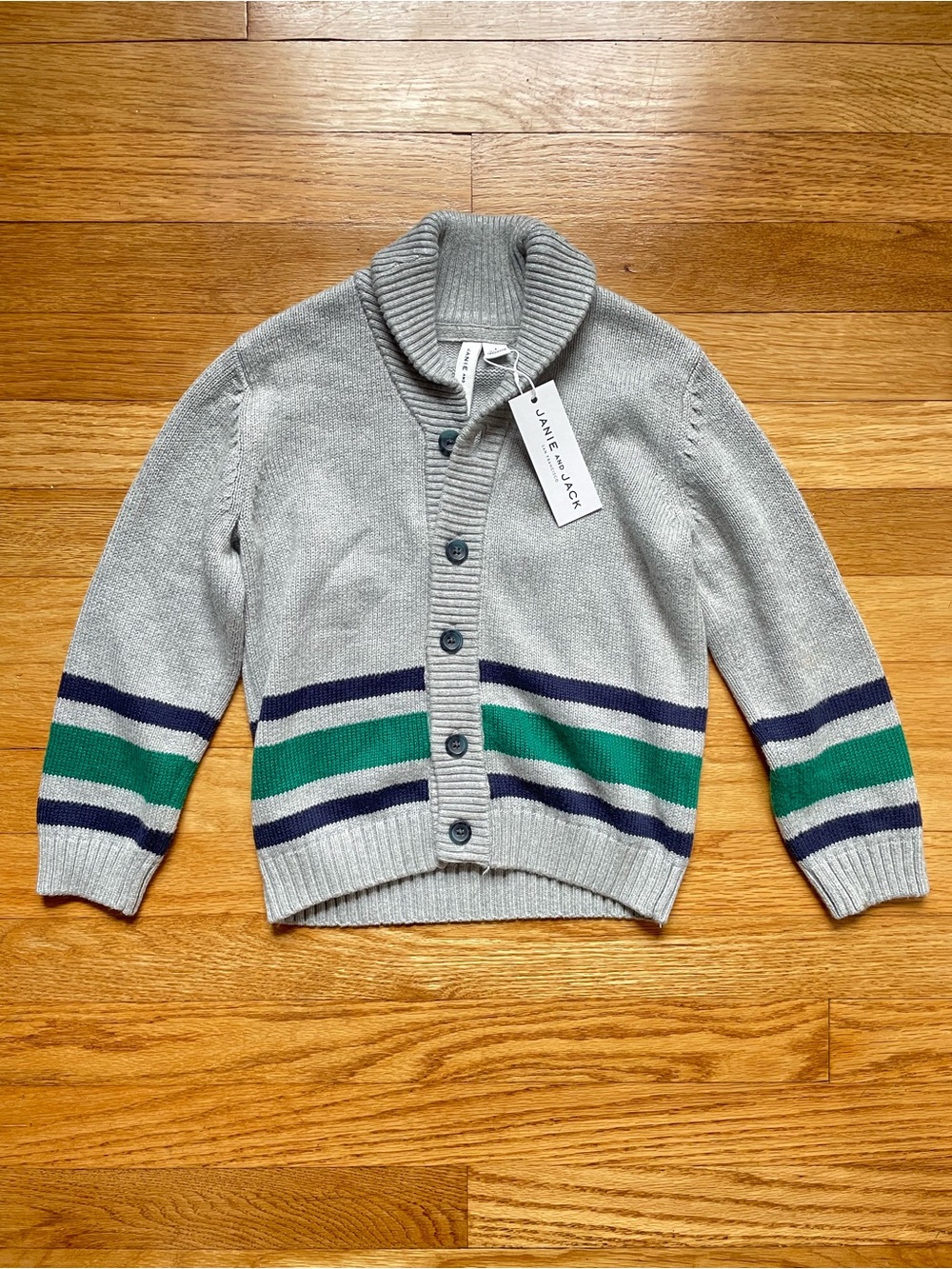 Janie & Jack Kids' Gray Shawl Collar Cardigan with Green & Navy Stripes 4T